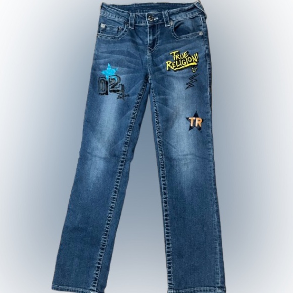 True Religion Blue Jeans with Painted Graphics Size 12
